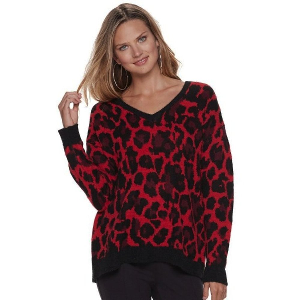 NEW Apt 9 Red Black Animal Print Sweater Womens Boho Casual Slouchy Mod Indie